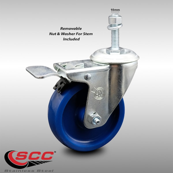 4 Inch SS Solid Polyurethane 10mm Threaded Stem Caster with Total Lock Brake